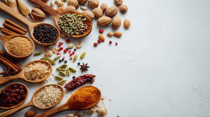 Artistic culinary spices arrangement: wooden spoons and fragrant ingredients composition