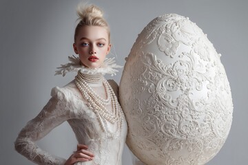 Elegant Fashion Model with Ornate White Decorative Egg High Fashion Concept