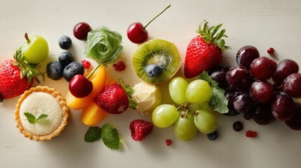 A colorful assortment of fresh fruits and a tart displayed on a white surface