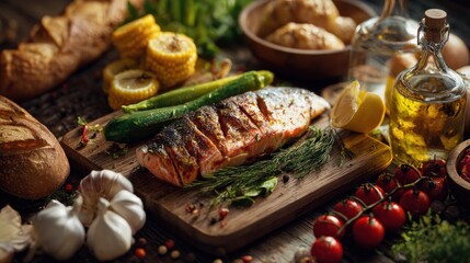 Deliciously Prepared Salmon Fillet Served on Rustic Wooden Board with Vegetables