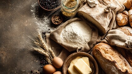 Artisanal baking ingredients and fresh breads create an inviting composition
