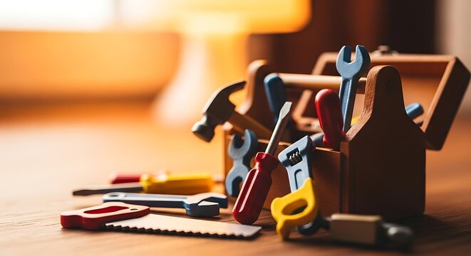 Detailed shot of wooden tool box with various tools on a wooden surface