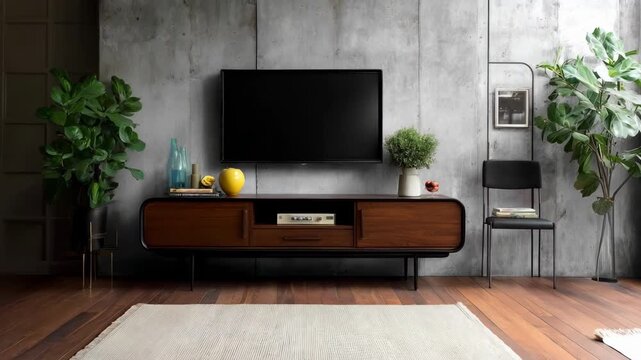 Modern vintage TV console replica captured in a sleek minimalistic setting highlighting contemporary takes on midcentury design elements.