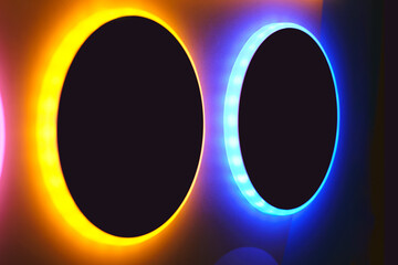 Abstract orange and blue neon light portals design background. no people
