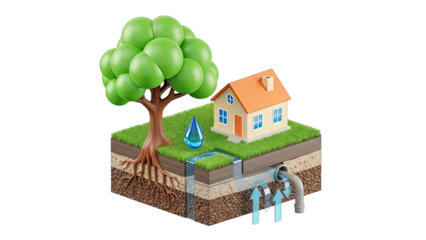 Cross-section of a house and tree showing water infiltration and drainage