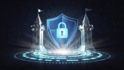 A digital shield symbolizing cybersecurity, surrounded by a network of connected data points, representing protection and security in the digital realm