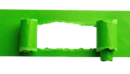 A vibrant, close-up shot of torn green paper revealing a dark rectangle