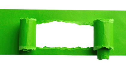 A vibrant, close-up shot of torn green paper revealing a dark rectangle