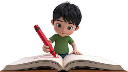 3D Animated Boy Drawing in Open Book with Red Crayon