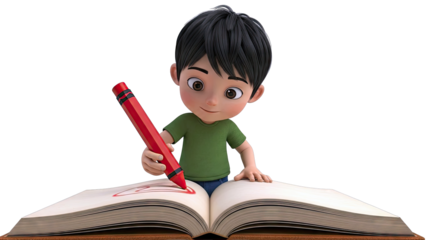 3D Animated Boy Drawing in Open Book with Red Crayon