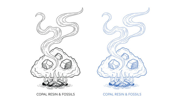 Black and white graphic design of copal resin and fossils smoking with blue version vector art