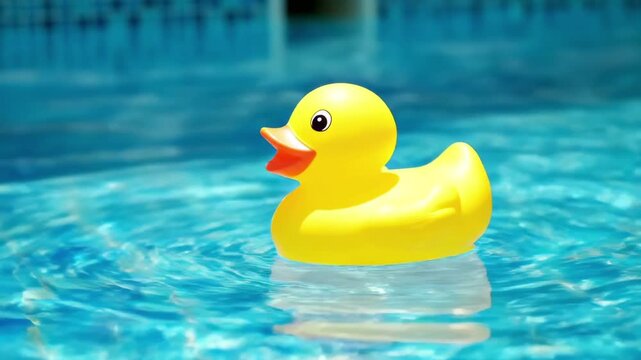 swimming pool with blue water. There is a yellow duck toy floating on the surface. The atmosphere looks calm and refreshing.