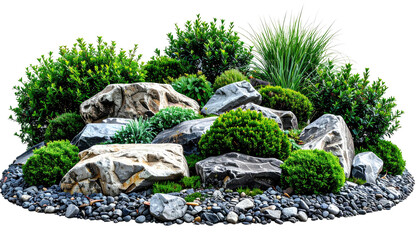 A vibrant, close-up view of a rocky landscape with lush greenery and scattered small stones