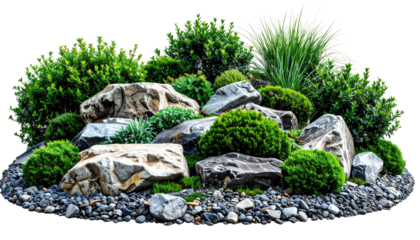 A vibrant, close-up view of a rocky landscape with lush greenery and scattered small stones
