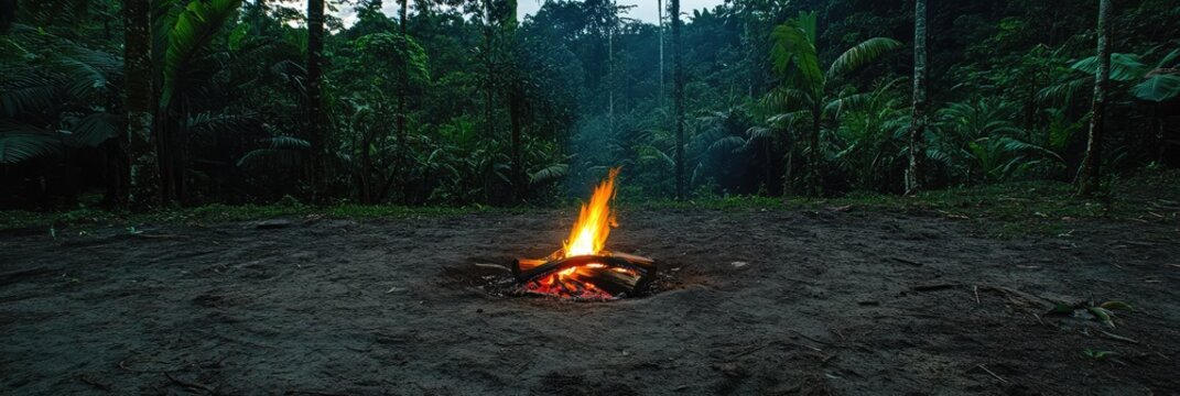 A fire is burning in a pit in the woods - Powered by Adobe