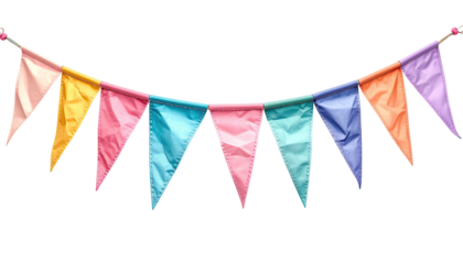 A vibrant, colorful garland of triangular flags against a pure black background