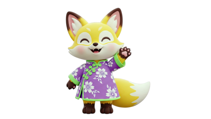 3D Cartoon Fox in Floral Robe Waving