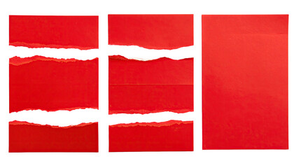 A vibrant composition of red paper sections, some torn, juxtaposed to create a unique collage