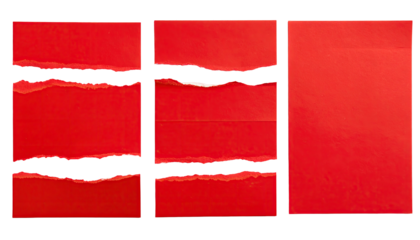 A vibrant composition of red paper sections, some torn, juxtaposed to create a unique collage