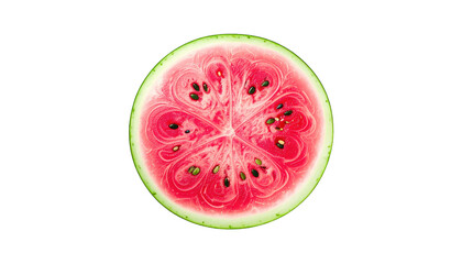 A vibrant cross-section of a watermelon, showing red flesh, seeds, and rind on a black background