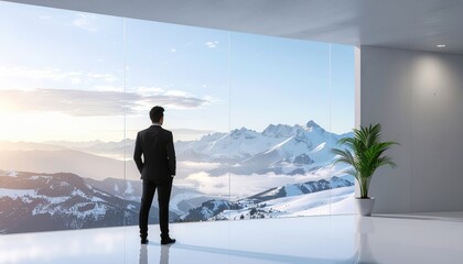 Obraz premium Visionary executive gazes out a large window at a breathtaking panorama of snow-covered mountains, contemplating future success, growth, and the vast opportunities ahead