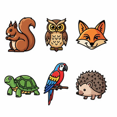 Fototapeta premium A colorful vector illustration of six cartoon animals including a squirrel, owl, fox, turtle, parrot, and hedgehog