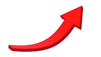 A vibrant, curved red arrow pointing upward on a stark black background, symbolizing growth