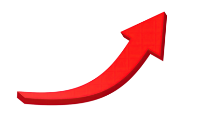 A vibrant, curved red arrow pointing upward on a stark black background, symbolizing growth
