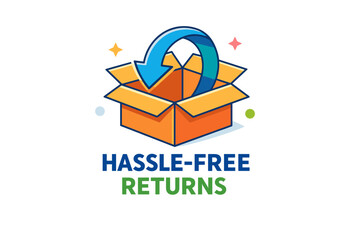 Hassle-free returns icon with open box and arrow for easy product exchanges