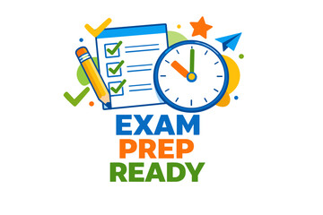 Colorful exam preparation illustration with checklist, pencil, clock, and paper plane