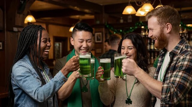 Happy diverse friends toasting green beer while celebrating st. Patrick's day in a pub, subtle orbiting camera