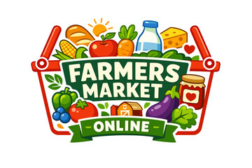 Colorful farmers market basket with fresh produce and online shopping banner