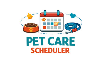 Colorful pet care scheduler with calendar, bowl, bell, and leash