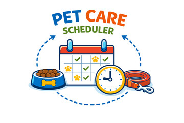Pet care scheduler with calendar, food bowl, clock, and leash for organized routine