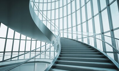 Modern spiral staircase in a sleek glass building interior.