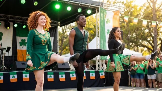 Young dancers raising their legs, celebrating st. Patrick's day with a performance on an outdoor stage with an enthusiastic audience