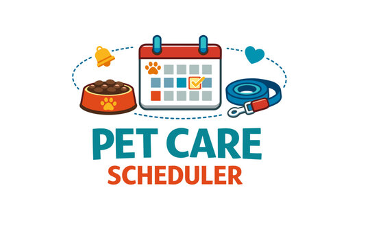 Colorful pet care scheduler with calendar, bowl, bell, and leash - Powered by Adobe