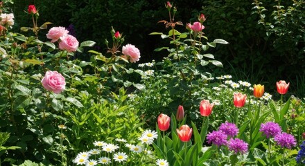 Vibrant garden bed bursting with color. Roses, tulips, and daisies fill the scene