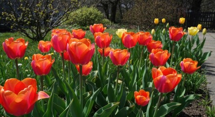 Vibrant orange-red tulips in a garden bed (1)