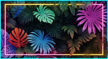 Vibrant tropical leaves framed by neon light