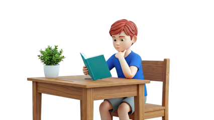 3D Boy Reading a Book at a Wooden Desk