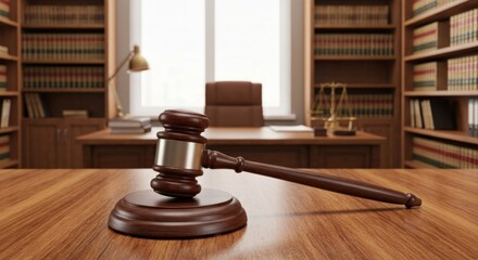 Wooden gavel rests on a law office desk, bookshelves lined with legal tomes, a view of a window, and a judge's chair