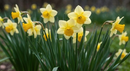 Yellow daffodils in a garden bed. Close-up of many blooms with pale yellow petals and bright yellow centers