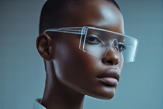 Futuristic fashion portrait of a model wearing clear oversized protective glasses &mdash; sleek modern eyewear, flawless skin, studio headshot
