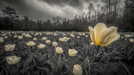 Yellow Tulip Blooming in Field on Cloudy Day with Desaturated Background