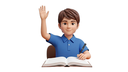 Cartoon Boy Raising Hand at Desk with Book and Pen