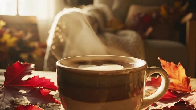A steaming cup of coffee with a warm cozy autumn ambience, complete with decorative leaves. This scene is the epitome of comfort and warmth, the perfect autumn setting. 