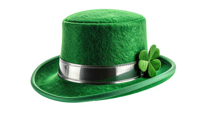A vibrant, detailed illustration of a green leprechaun's hat with a silver band and clover