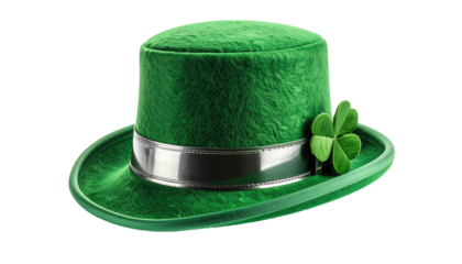 A vibrant, detailed illustration of a green leprechaun's hat with a silver band and clover