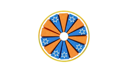 Circular arrangement of orange and blue star-patterned wedges